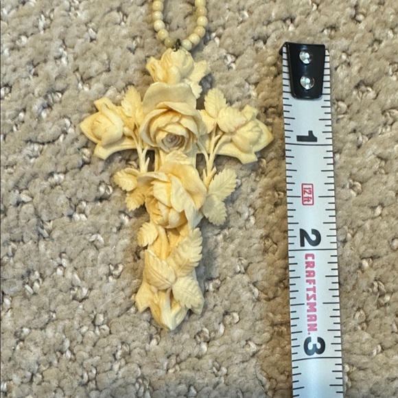 Victorian Antique Museum Quality Carved Bovine Bone Cross & Rose Estate Necklace - Picture 12 of 12